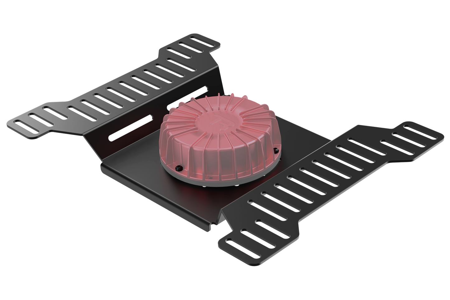 Black metal bracket with a red component on a white background