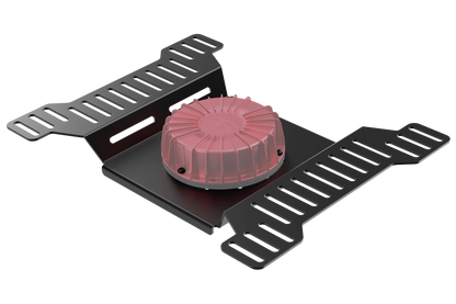 Black metal bracket with a red component on a white background