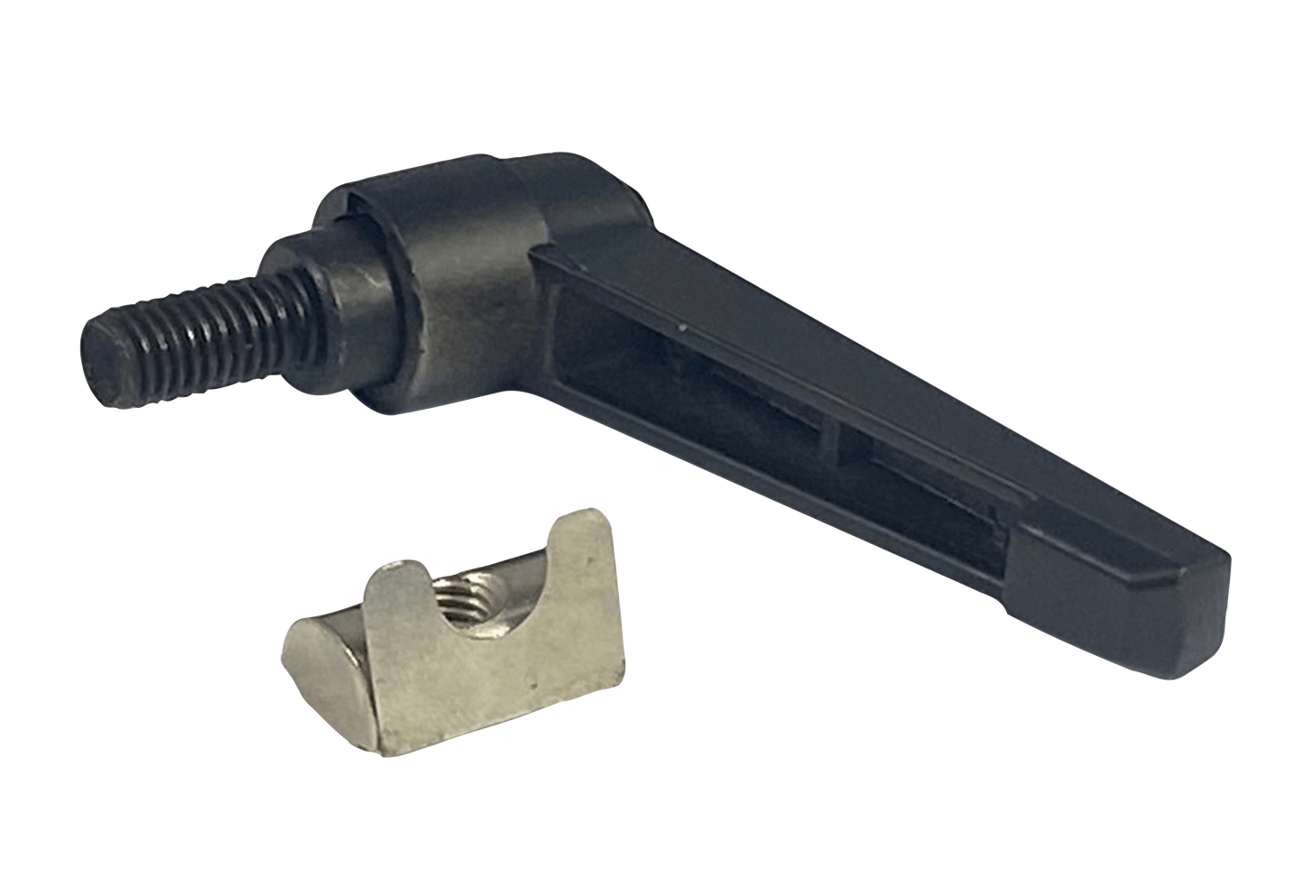 Black metal lever with a smaller metallic component on a white background