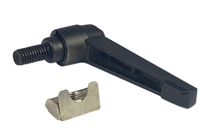 Black metal lever with a smaller metallic component on a white background