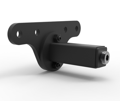 Black mechanical arm component on a white background