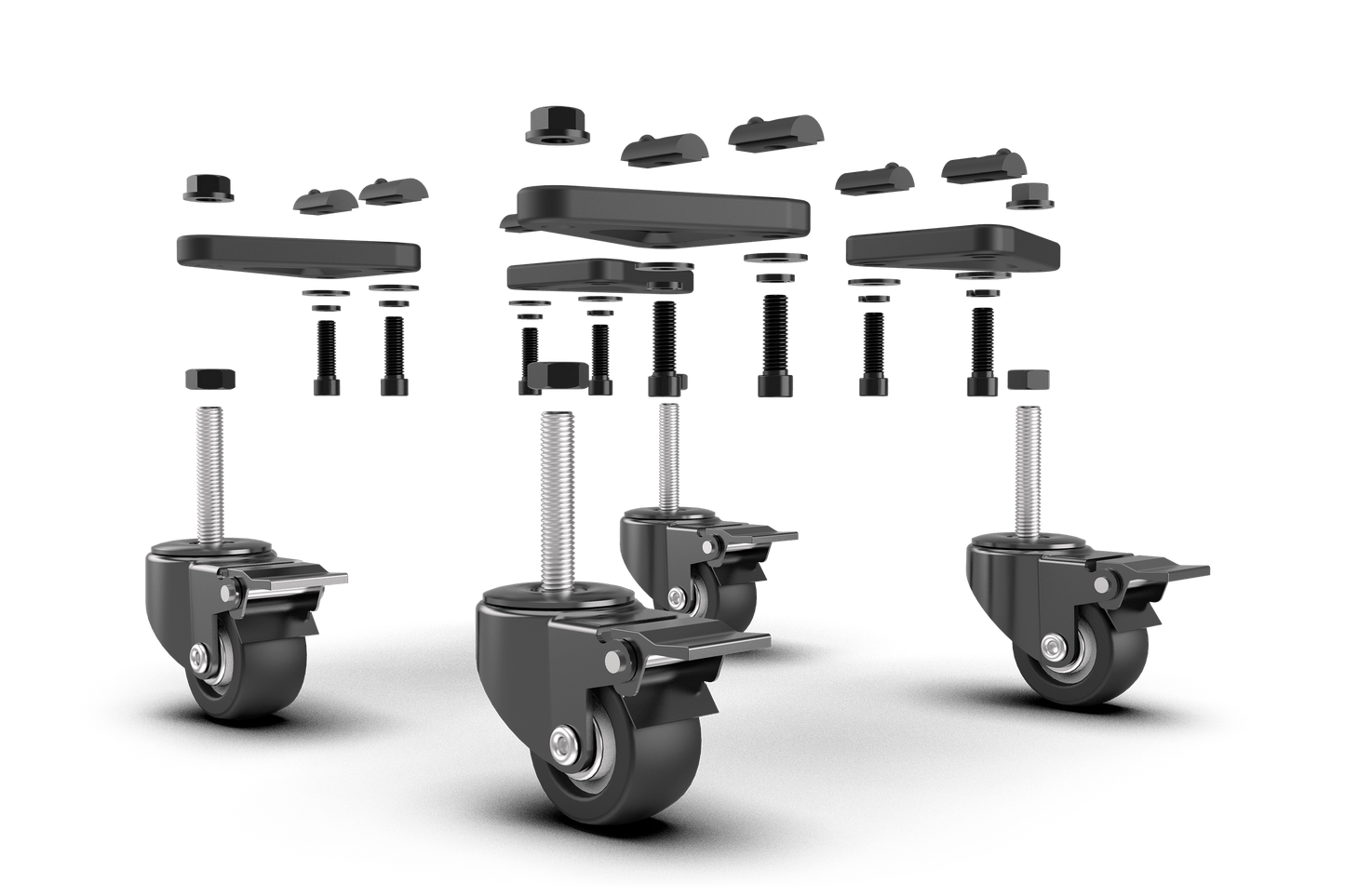 Set of black caster wheels and hardware on a green background