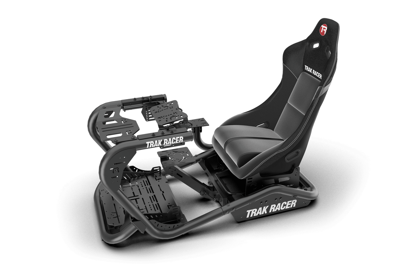 Black gaming chair with Trak Racer branding on a transparent background