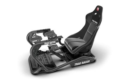 Black gaming chair with Trak Racer branding on a transparent background