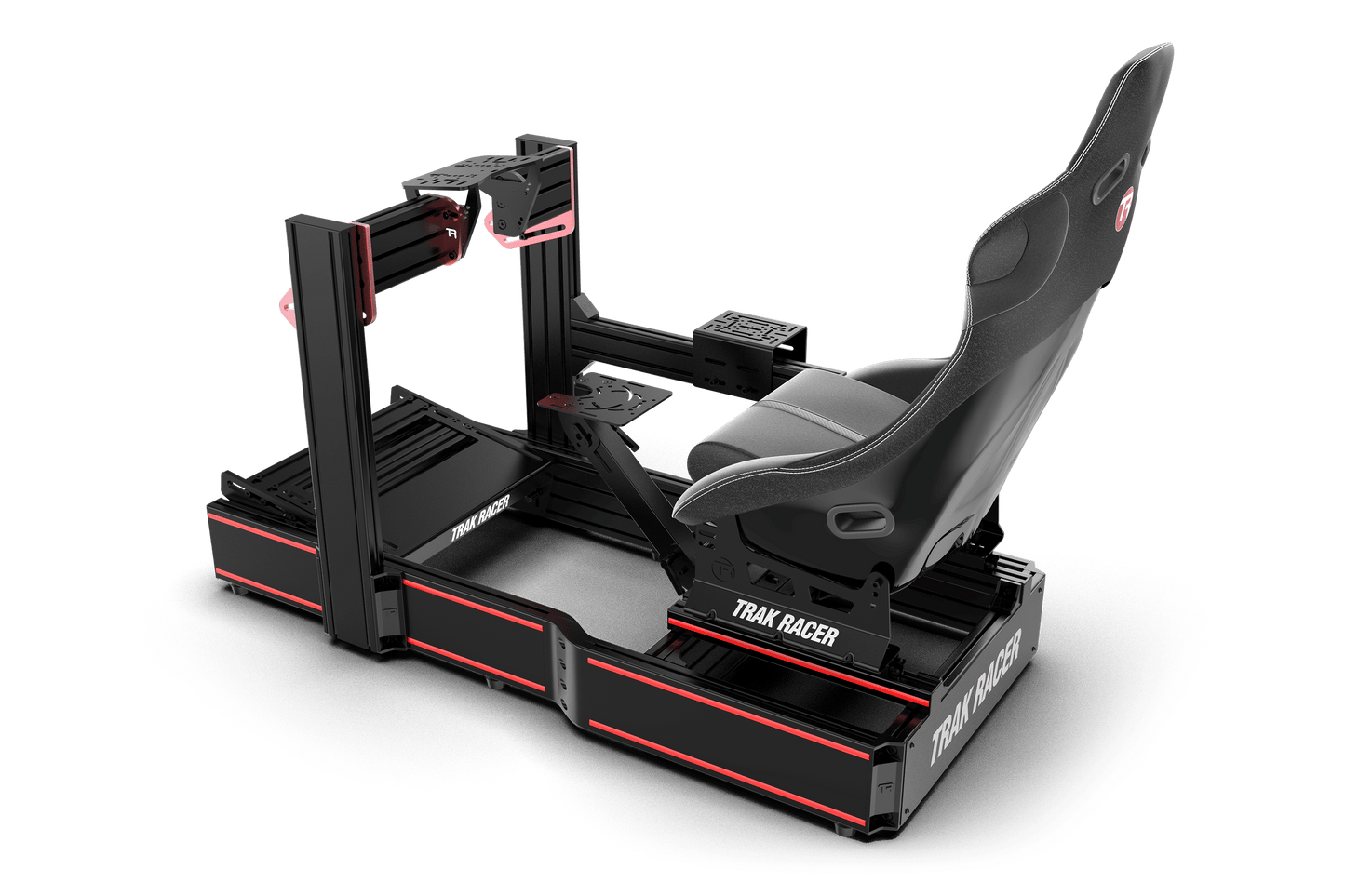 Simulator racing seat and stand with 'Traxxas' branding on a transparent background