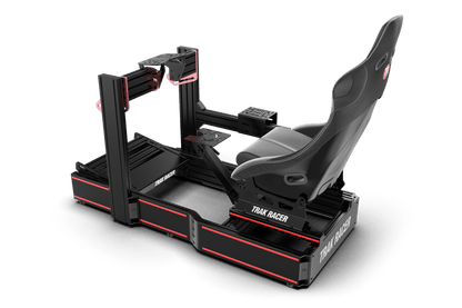 Simulator racing seat and stand with 'Traxxas' branding on a transparent background