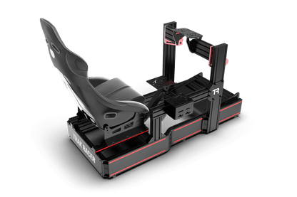 Black and gray gaming chair with adjustable armrests on a transparent background