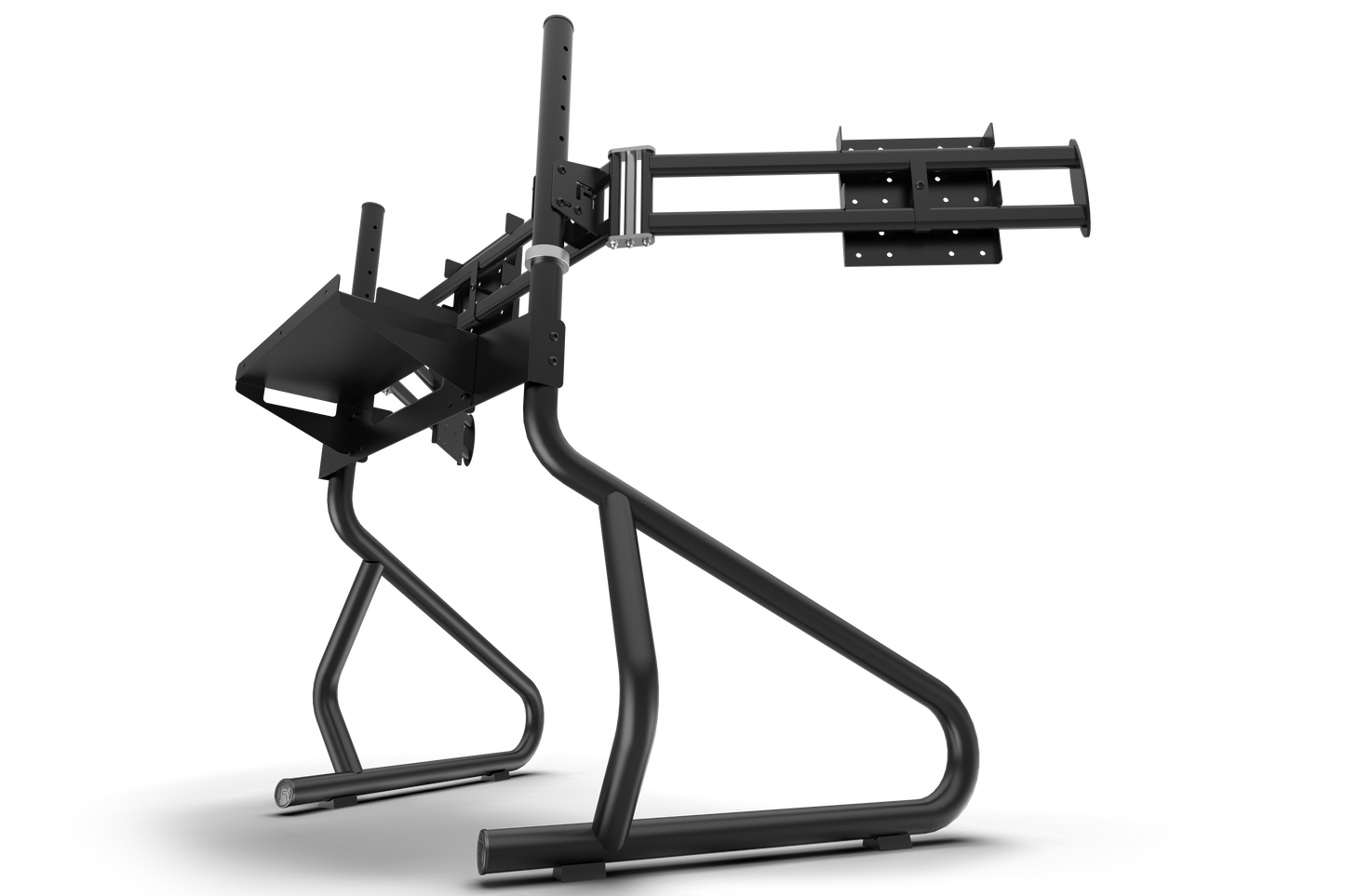 Black adjustable monitor stand on a white background