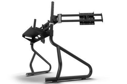 Black adjustable monitor stand on a white background