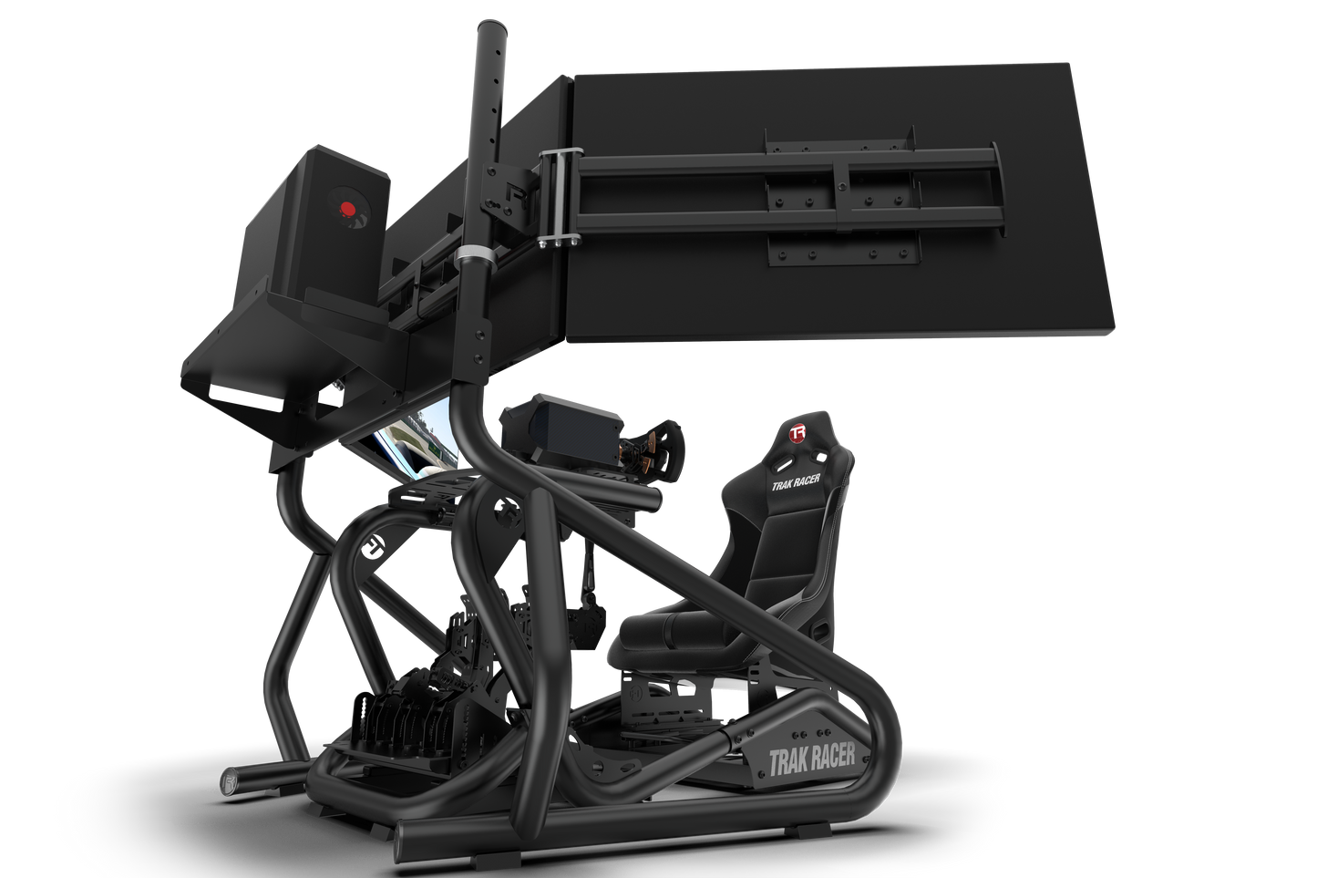 Black gaming simulator with chair and monitor on a white background