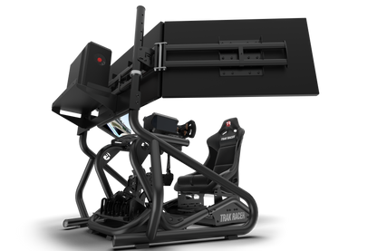 Black gaming simulator with chair and monitor on a white background