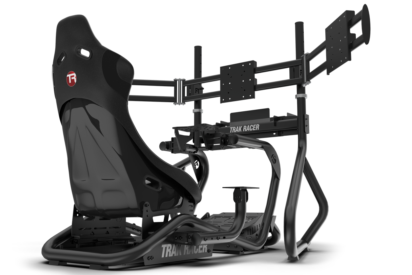 Gaming chair with attached pedals and steering wheel on a white background