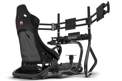 Gaming chair with attached pedals and steering wheel on a white background