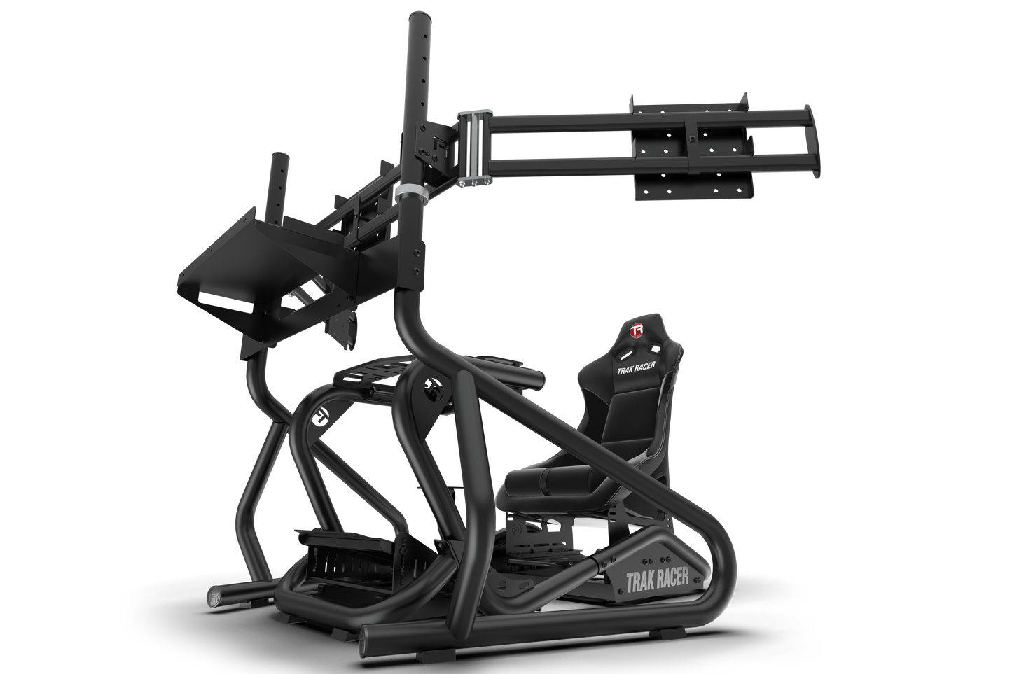 Black virtual reality gaming setup with chair and monitor stand on a white background