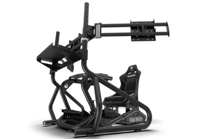 Black virtual reality gaming setup with chair and monitor stand on a white background