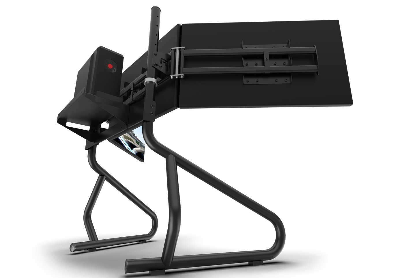 Black metal stand with adjustable arm on a white background