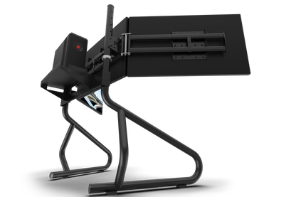 Black metal stand with adjustable arm on a white background