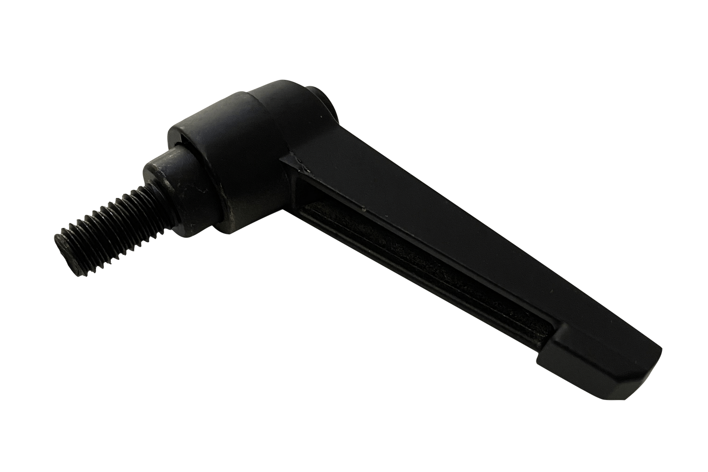 Black metal lever with threaded end on a white background