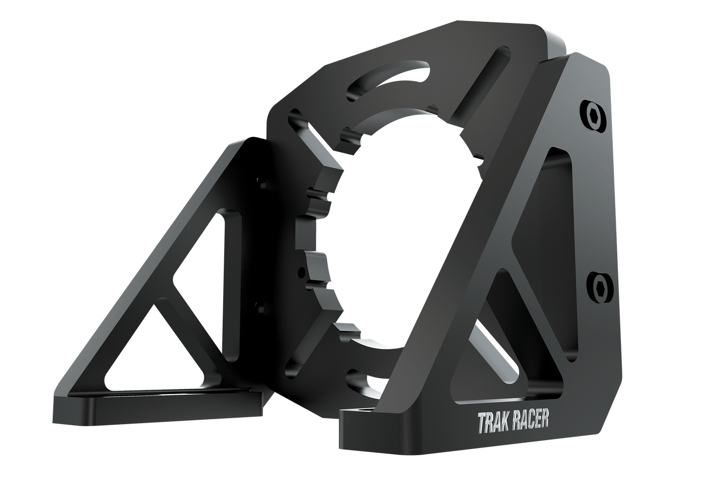 Black metal bike chain guide with 'Trak Racer' branding on a transparent background