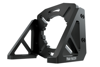 Black metal bike chain guide with 'Trak Racer' branding on a transparent background
