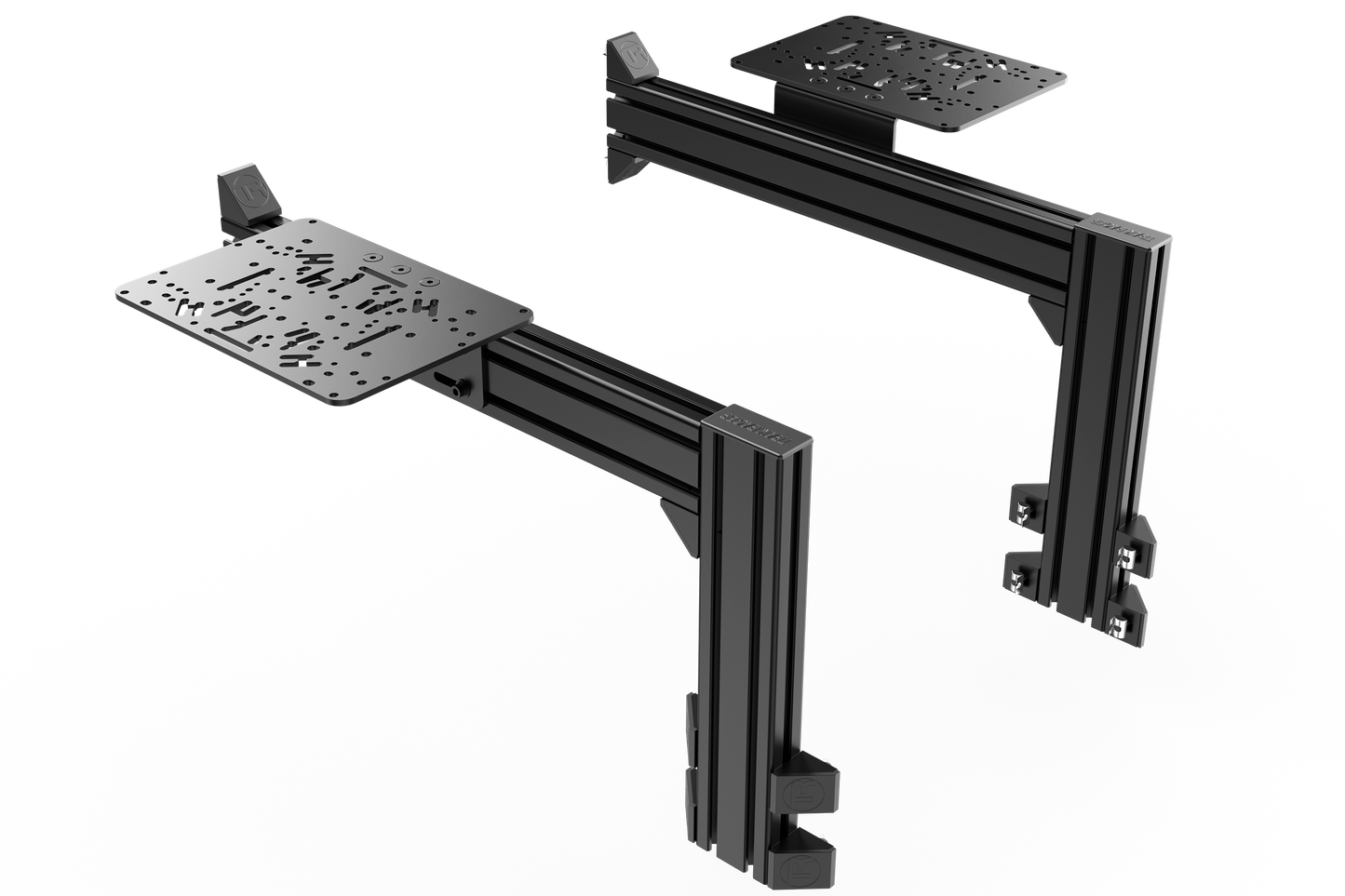 Black adjustable monitor stand on a white background