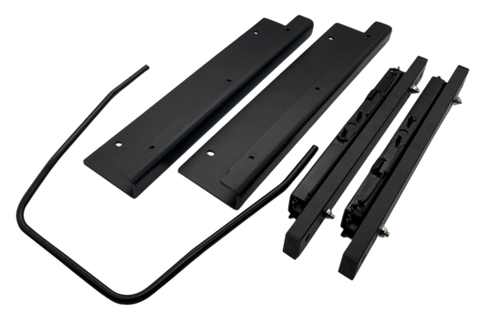 Set of black metal brackets and rods on a white background