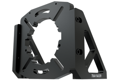 Black metal frame with 'Trak Racer' branding on a green background