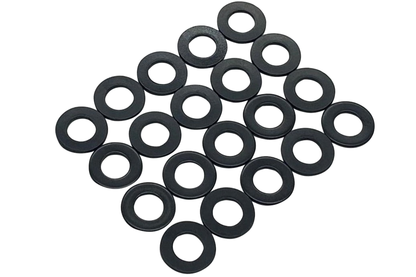 Multiple black washers on a white background