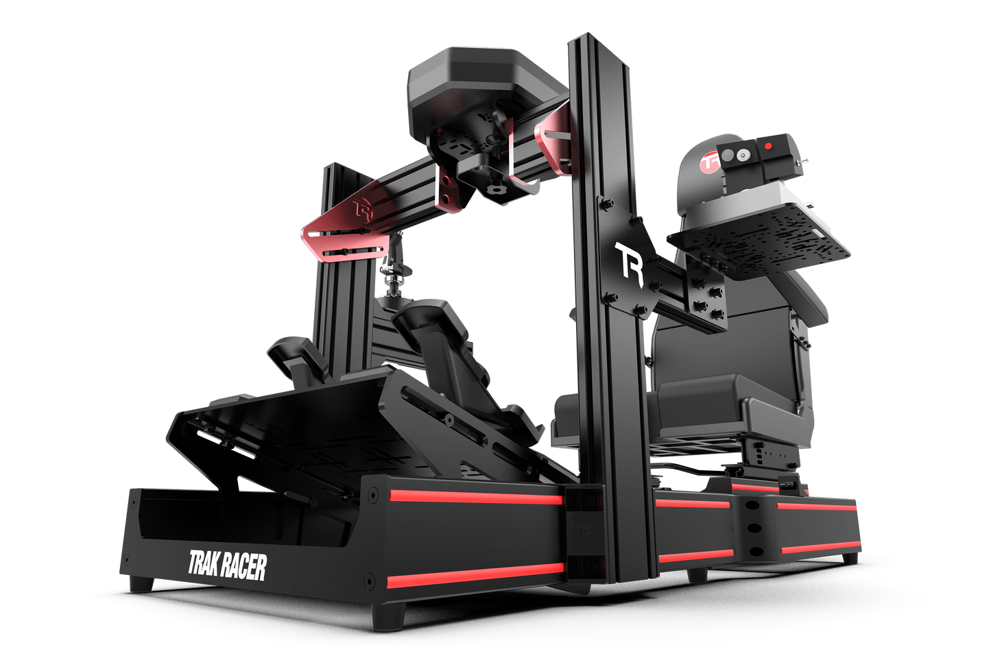 Black and red racing simulator setup with 'Trax Racer' branding on a green background