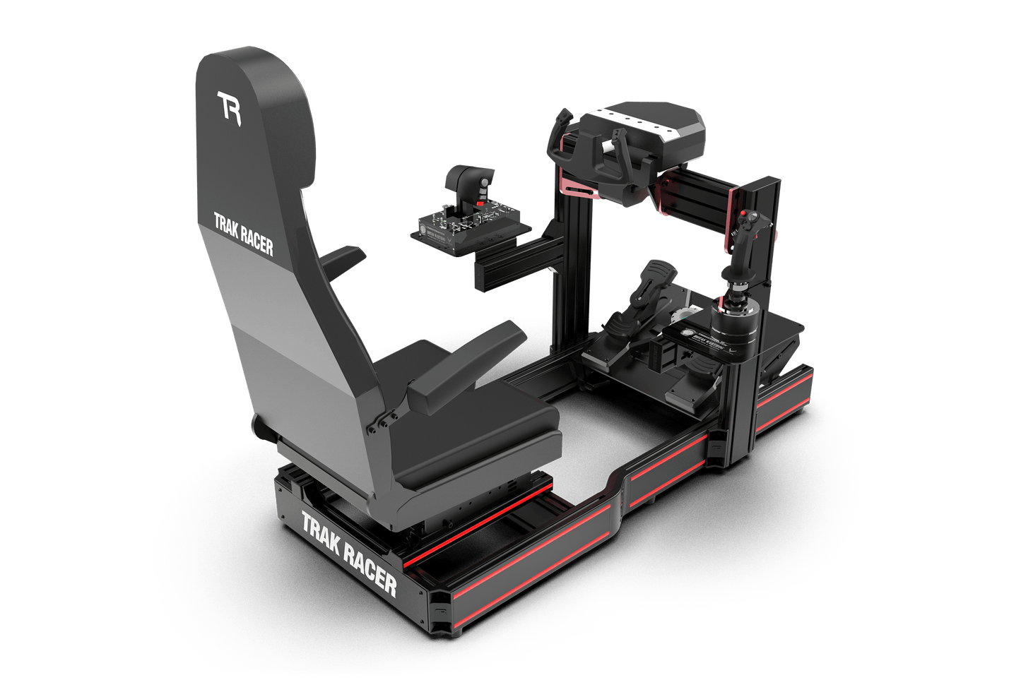 Trak Racer gaming simulator chair with steering wheel and pedals on a white background