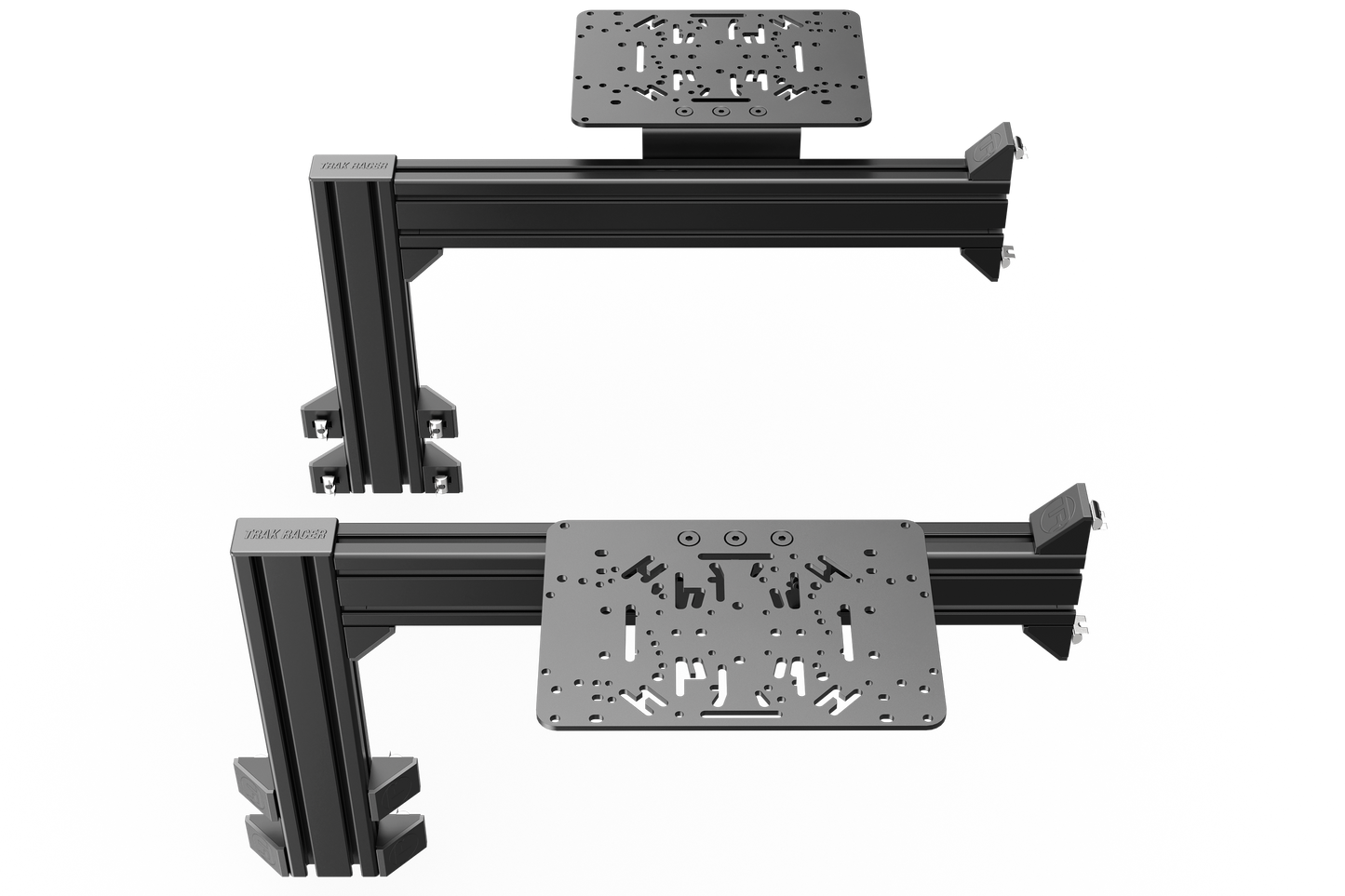 Two black metal brackets on a white background