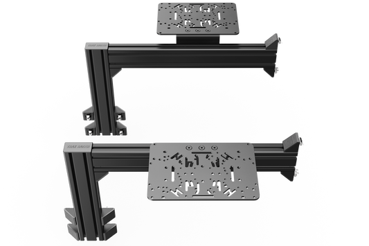 Two black metal brackets on a white background