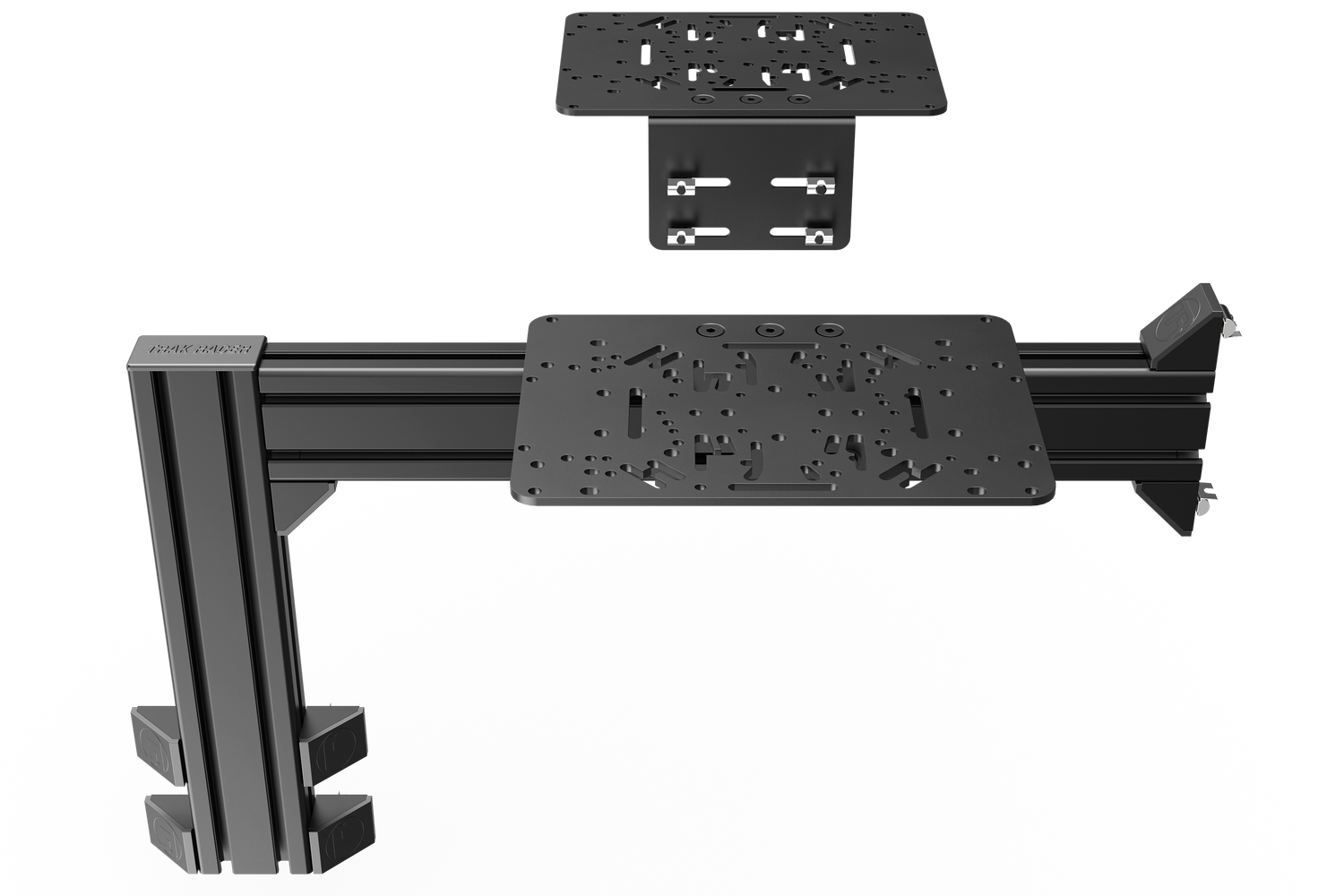 Black adjustable desk mount on a white background