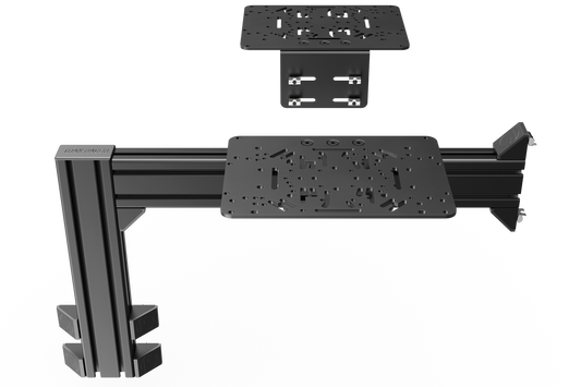 Black adjustable desk mount on a white background