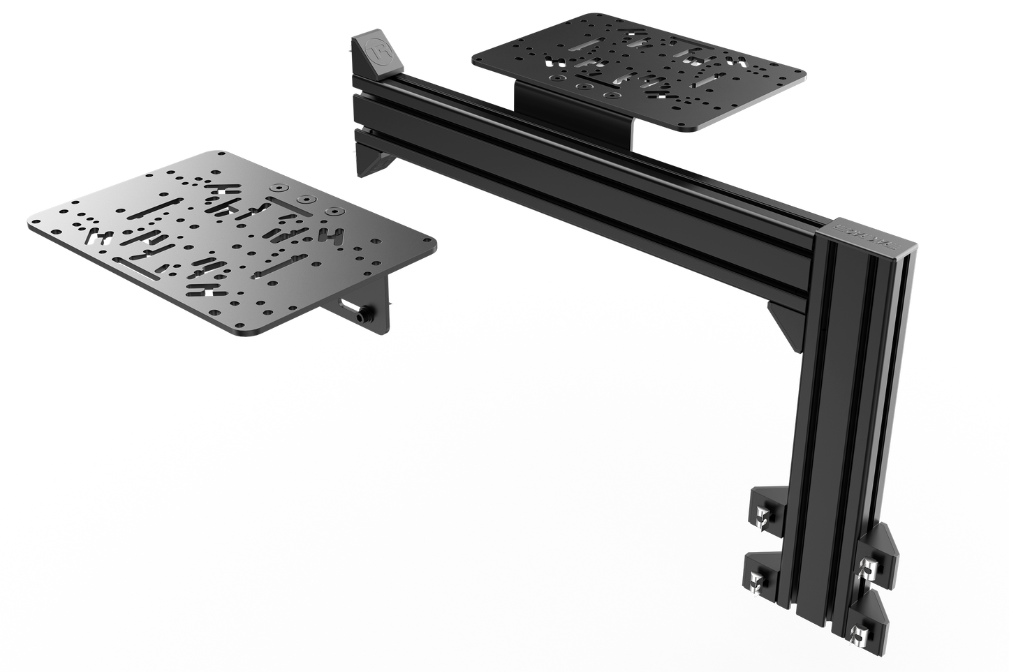 Black metal bracket with two attached plates on a white background