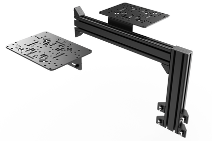 Black metal bracket with two attached plates on a white background