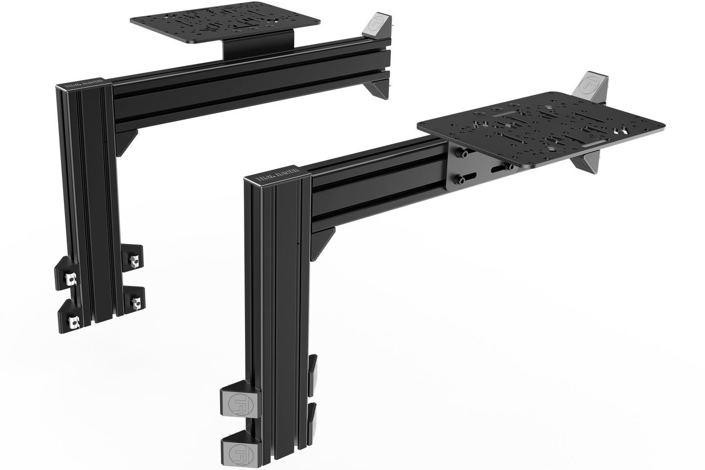 Black adjustable desk mount on a white background