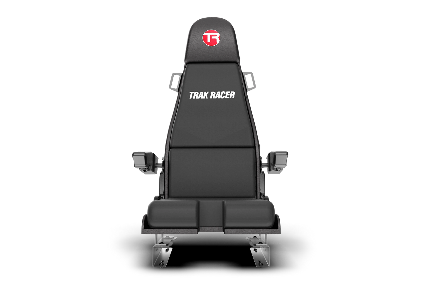 Black 'Trak Racer' seat with a red logo on a white background
