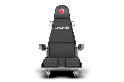 Black 'Trak Racer' seat with a red logo on a white background