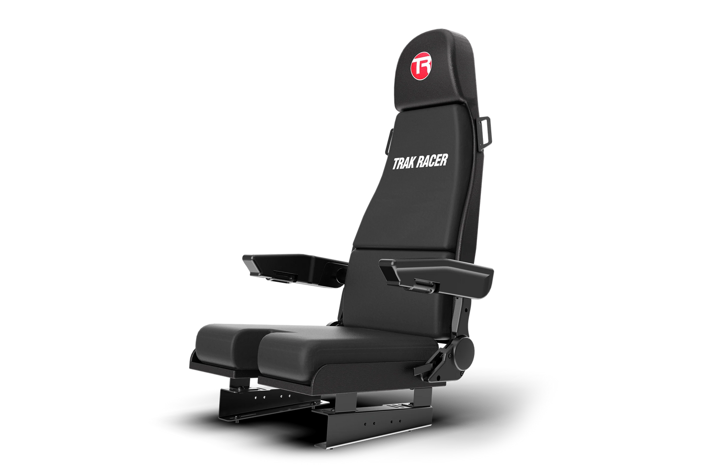Black racing seat with 'TRAX RACER' branding on a white background