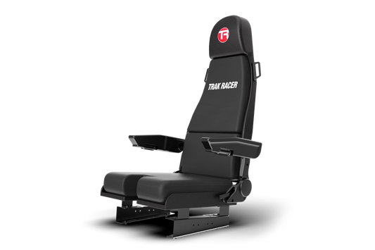 Black racing seat with 'TRAX RACER' branding on a white background