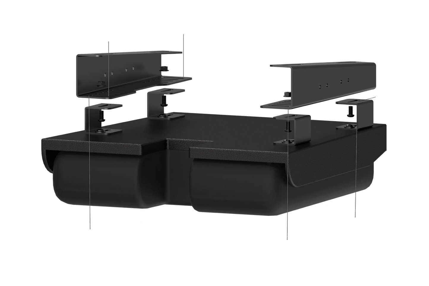 Black modular desk system on a white background