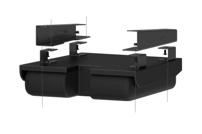 Black modular desk system on a white background