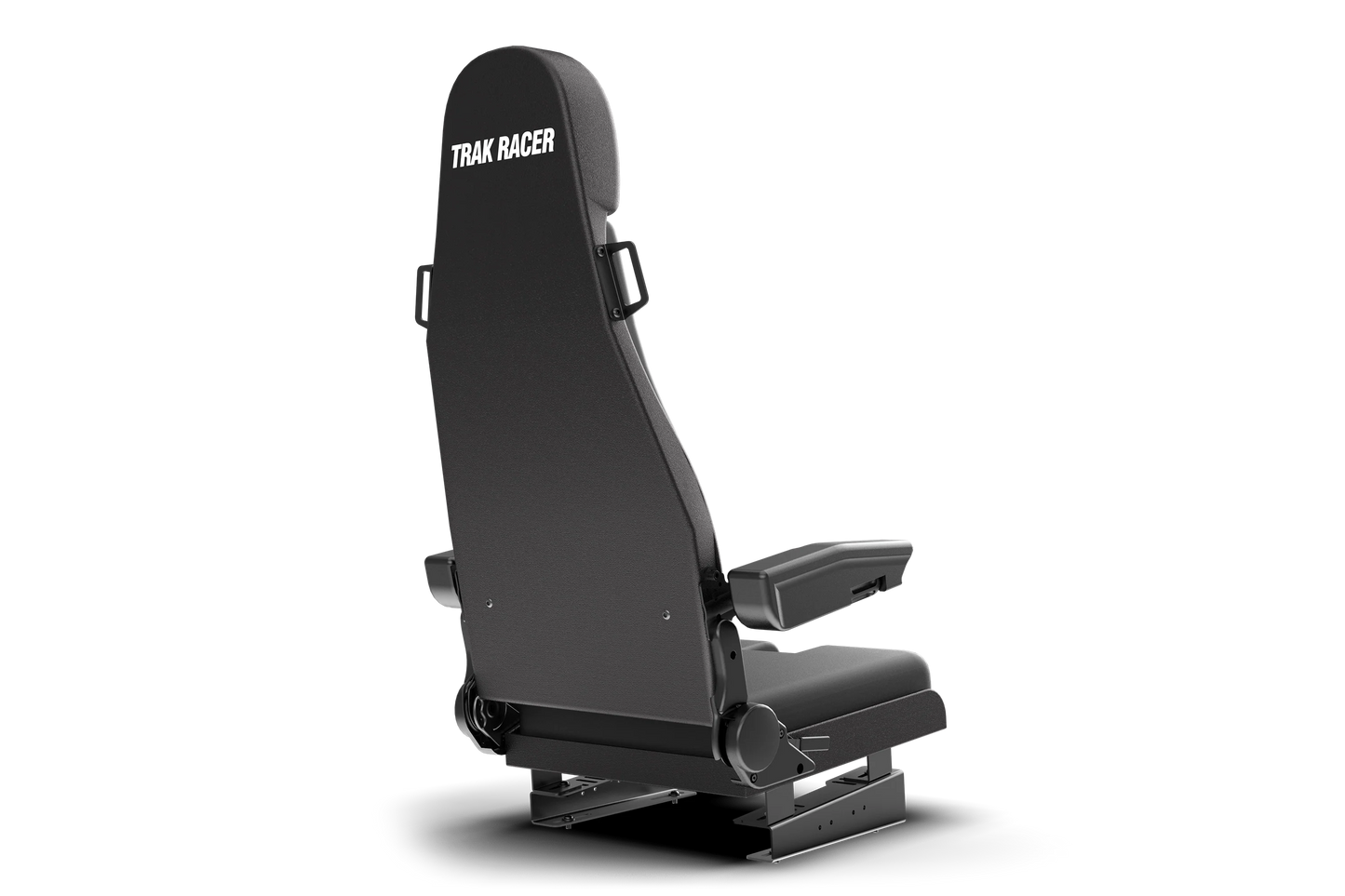 Black racing seat with 'Trak Racer' branding on a white background