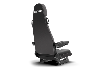 Black racing seat with 'Trak Racer' branding on a white background