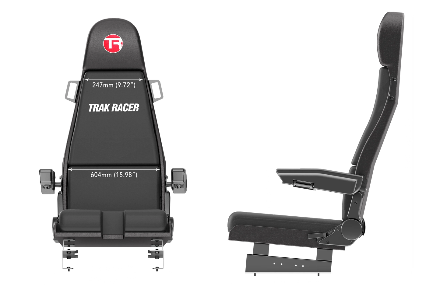Black Trak Racer seat with measurements on a white background