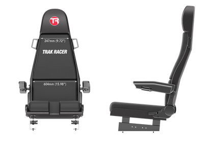 Black Trak Racer seat with measurements on a white background