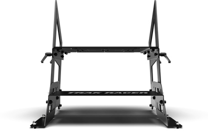 Black metal squat rack on a white background