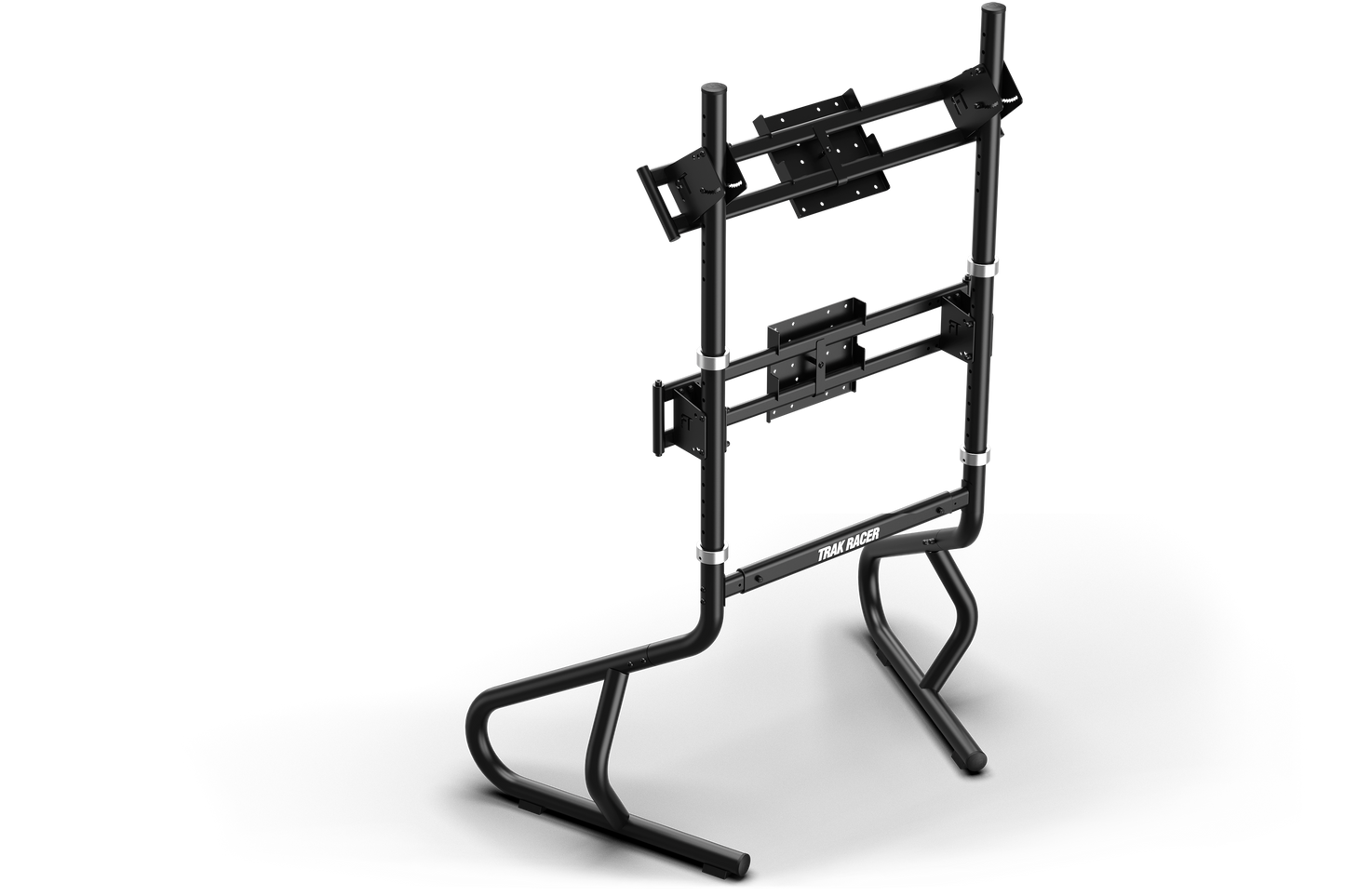 Black adjustable TV stand on a white background