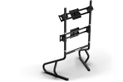 Black adjustable TV stand on a white background
